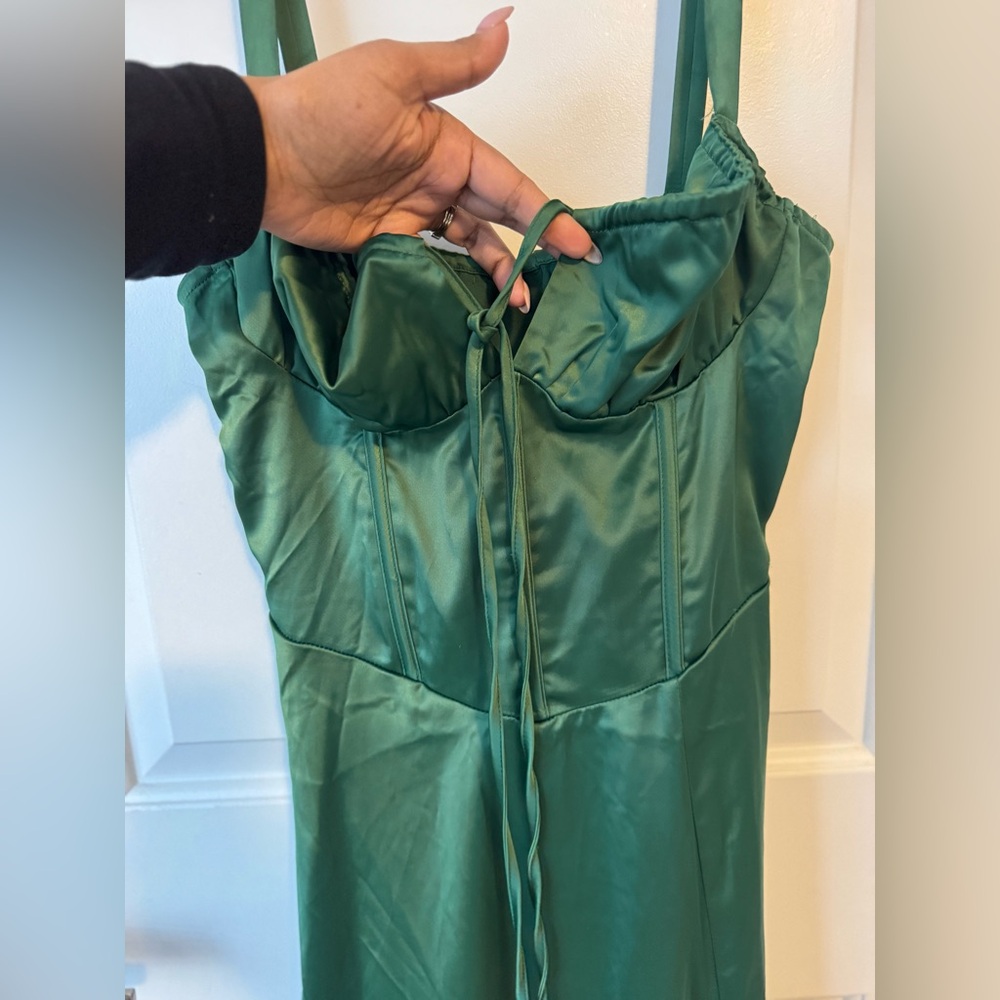 Emerald Forest Green Satin Midi Dress with Boning!! - Picture 2 of 5